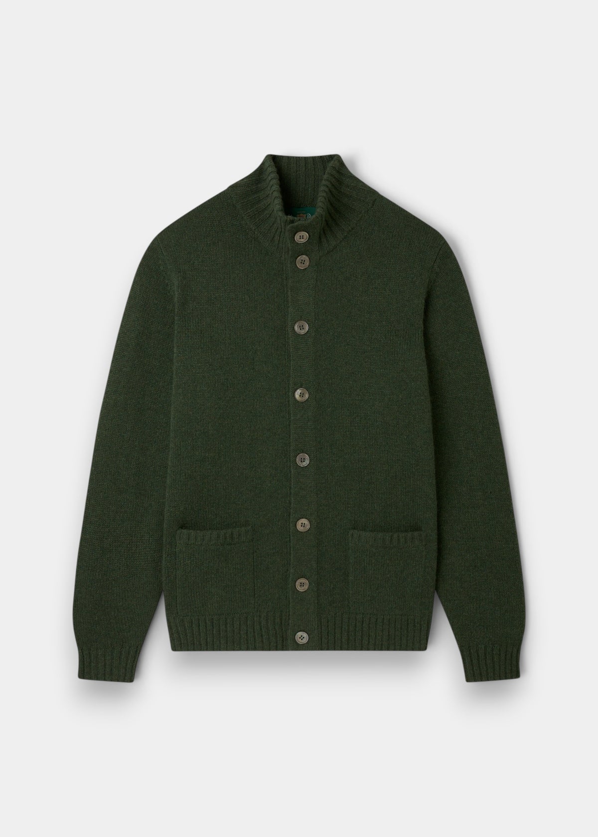 Landford Lambswool Buttoned Mock Neck Jumper in rosemary, regular fit, shown flat with pockets and ribbed cuffs.