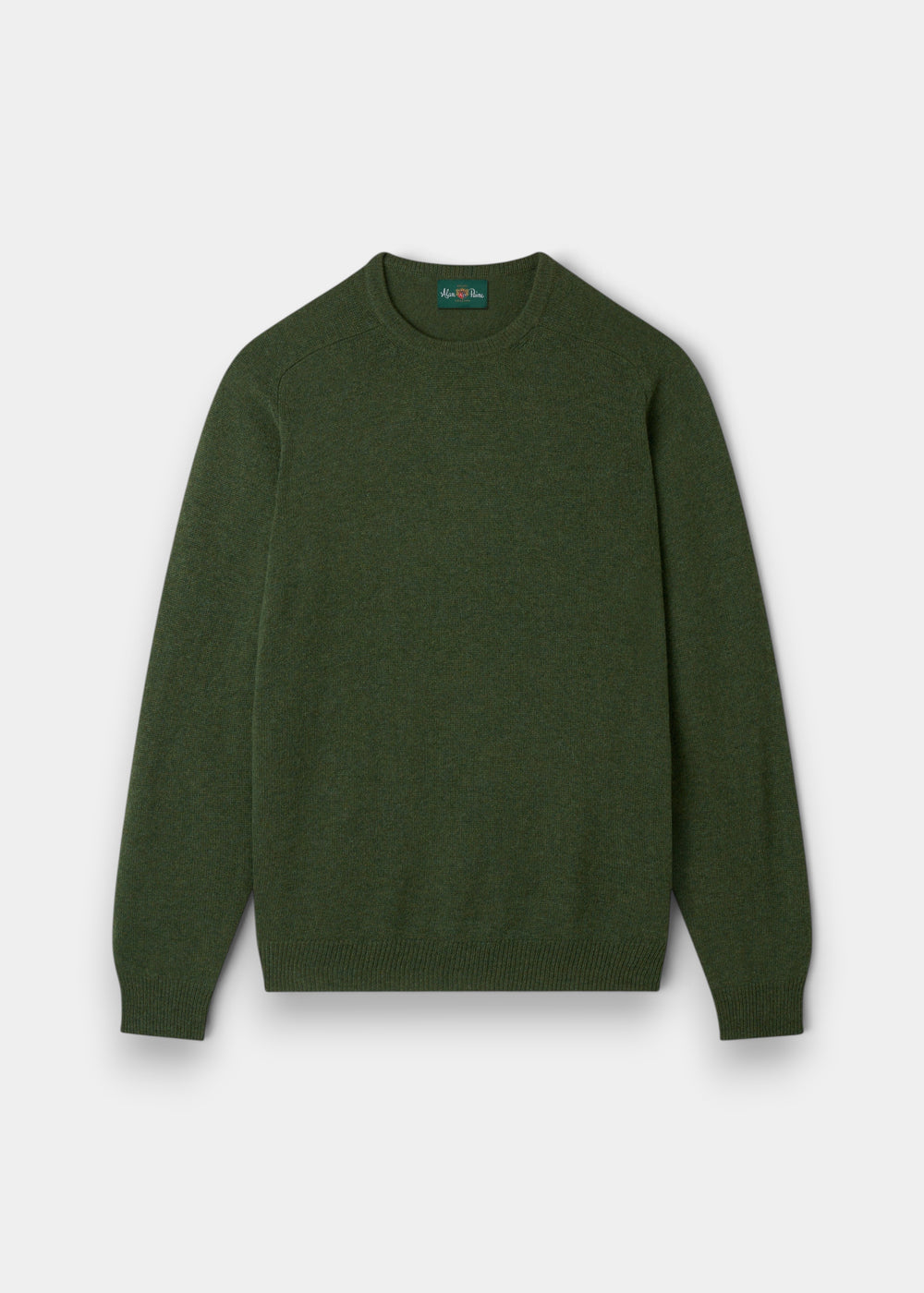 Alan Paine Lenzie men's crew neck jumper in rosemary green, crafted from soft 100% lambswool with saddle shoulders.