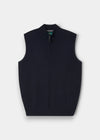 Alan Paine Rowley men's dark navy 1/4 zip gilet in a soft cotton cashmere blend with a ribbed collar and hem.