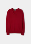 Alan Paine Selkirk ruby red cashmere v-neck jumper with saddle shoulders and ribbed hem and cuffs