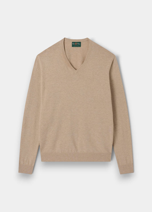 Alan Paine Rothwell sand v-neck jumper in a soft Pima cotton and cashmere blend with ribbed cuffs and hem.