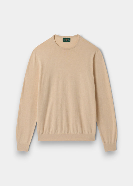 Alan Paine men's luxury crew neck jumper in sand, crafted from a soft pima cotton, silk, and cashmere blend.