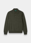 Hindhead Men’s Merino Wool Polo Shirt in Seaweed, regular fit, with long sleeves and three buttons, shown flat.