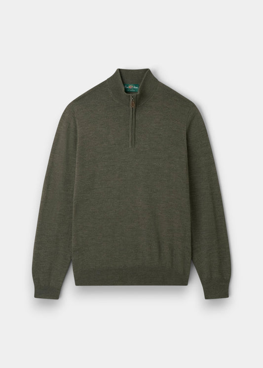 Alan Paine Barton regular fit seaweed green 1/4 zip jumper in fine Italian merino wool with ribbed hem and cuffs