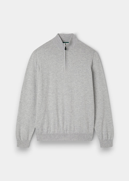 Alan Paine Selhurst dove grey quarter zip jumper in a soft Pima cotton and cashmere blend with ribbed cuffs and hem.