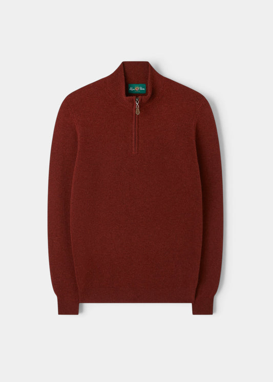 Alan Paine sienna lambswool quarter zip jumper with a mock neck and leather zip pull in a regular fit.