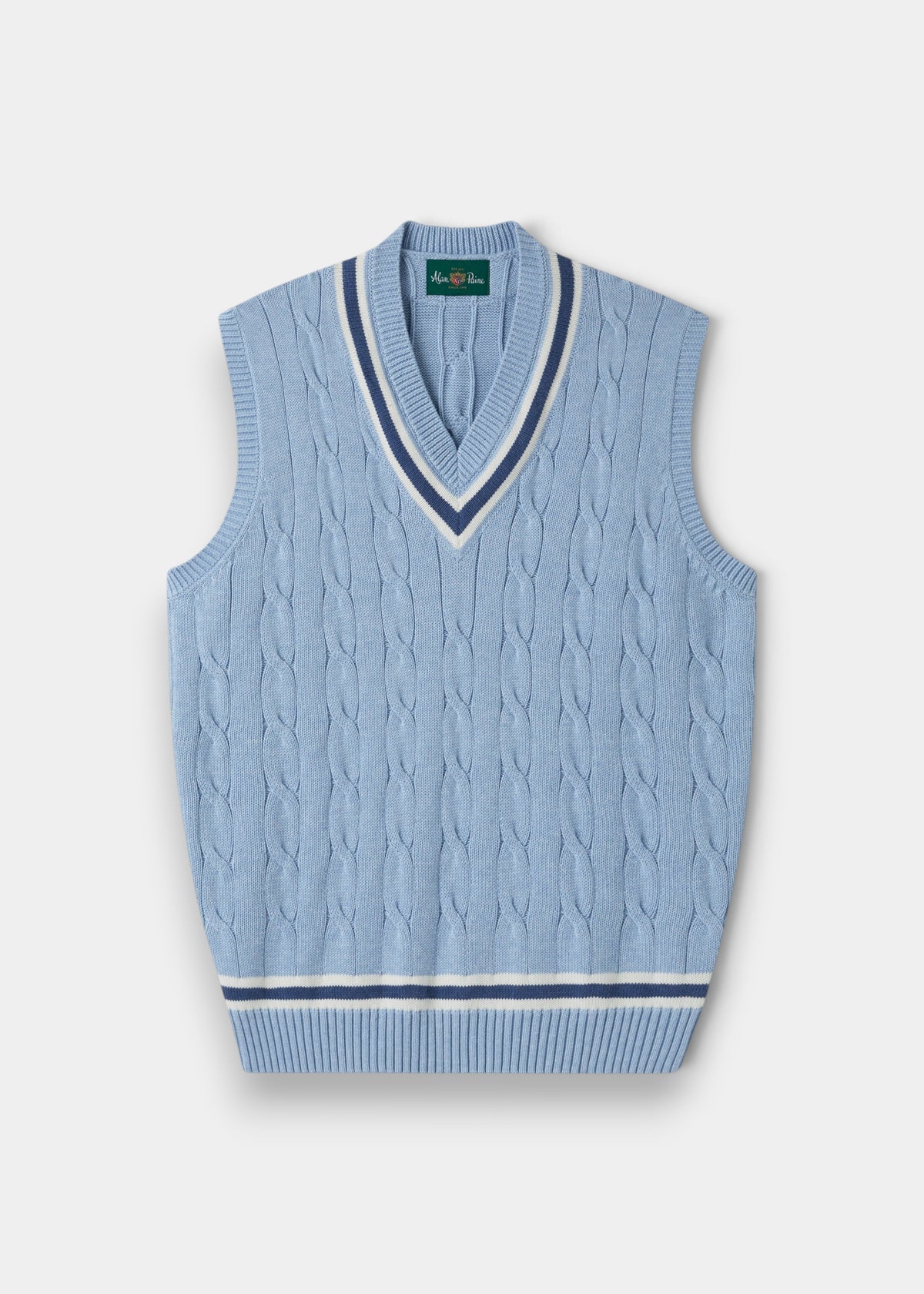 Chadbury steel blue cotton cable knit V-neck cricket slipover with white and navy stripes, regular fit, laid flat.