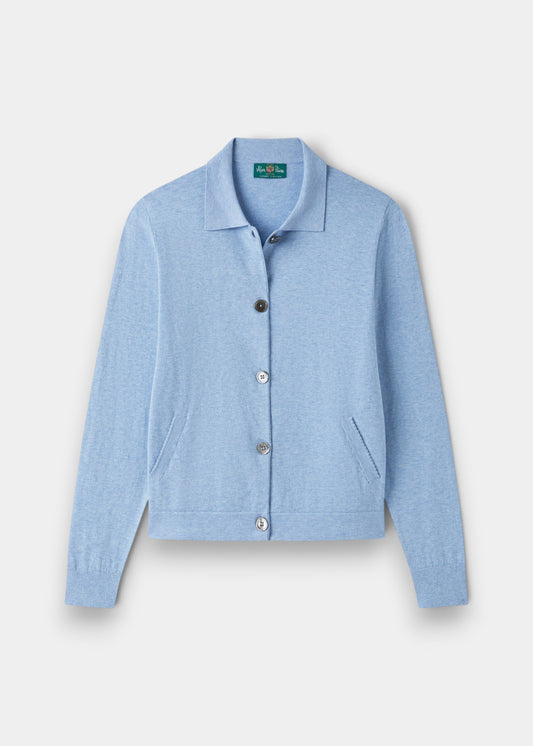 Alan Paine Rosa ladies cardigan in steel blue, crafted from a soft cotton and cashmere blend with a collared front.