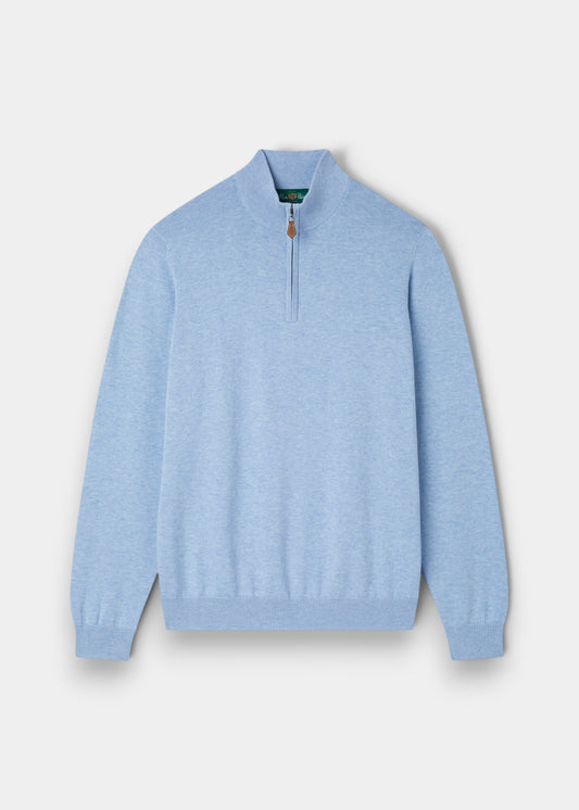 Alan Paine Selhurst steel blue quarter zip jumper in a soft Pima cotton and cashmere blend with ribbed cuffs and hem.