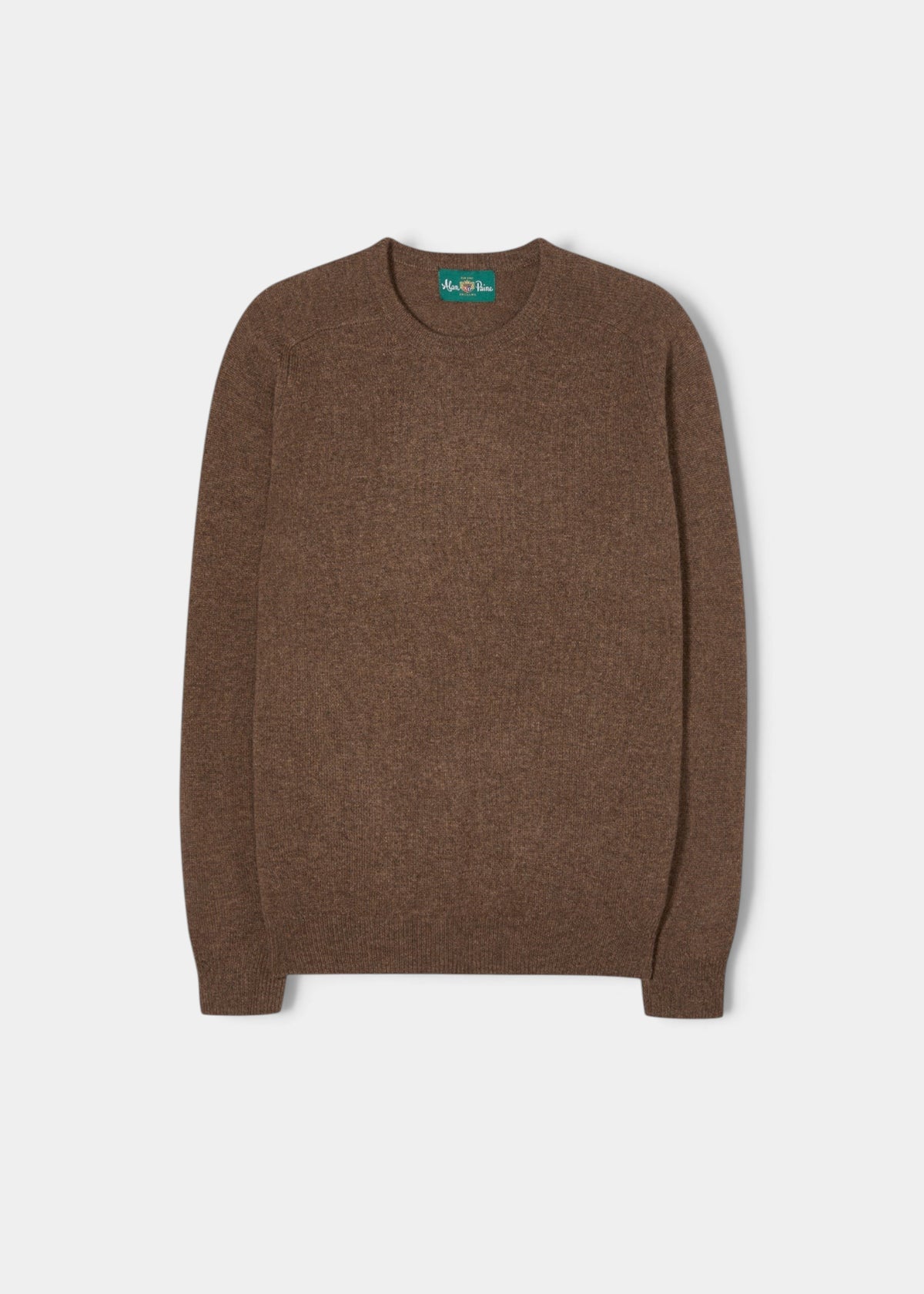Lenzie lambswool crew neck jumper in tobacco: men’s brown regular-fit long-sleeve sweater, shown on white background.