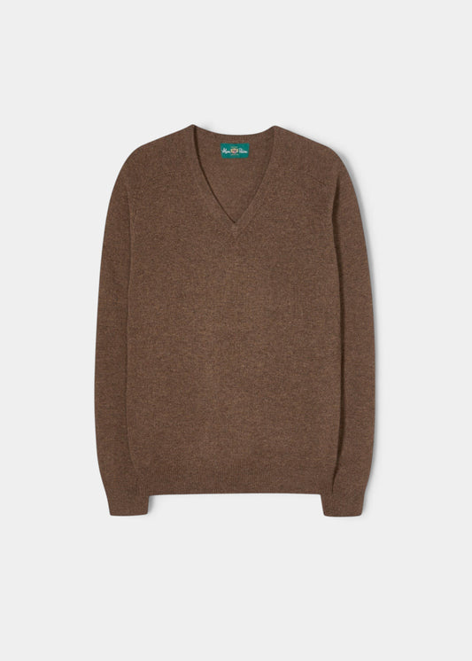 Kilsyth Lambswool V-Neck Jumper in Tobacco, regular fit, long sleeves, shown flat on a white background.