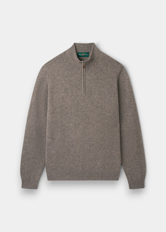 Alan Paine Sutherland lambswool quarter zip jumper in vole brown with a mock neck and ribbed hem and cuffs.