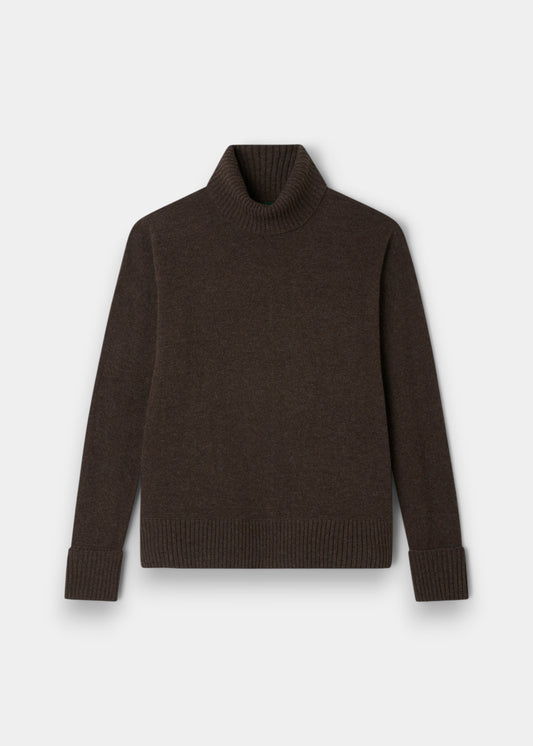 Alan Paine Alexa ladies walnut brown wool and cashmere roll neck sweater with ribbed hem and turn-back cuffs