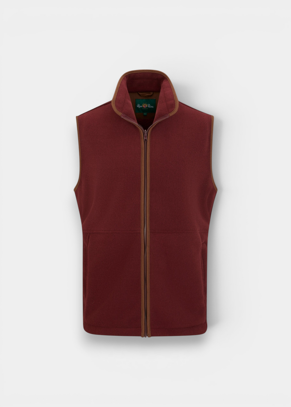 Alan Paine Aylsham men's bordeaux fleece gilet with mock suede trim, front zipper, and regular fit design.