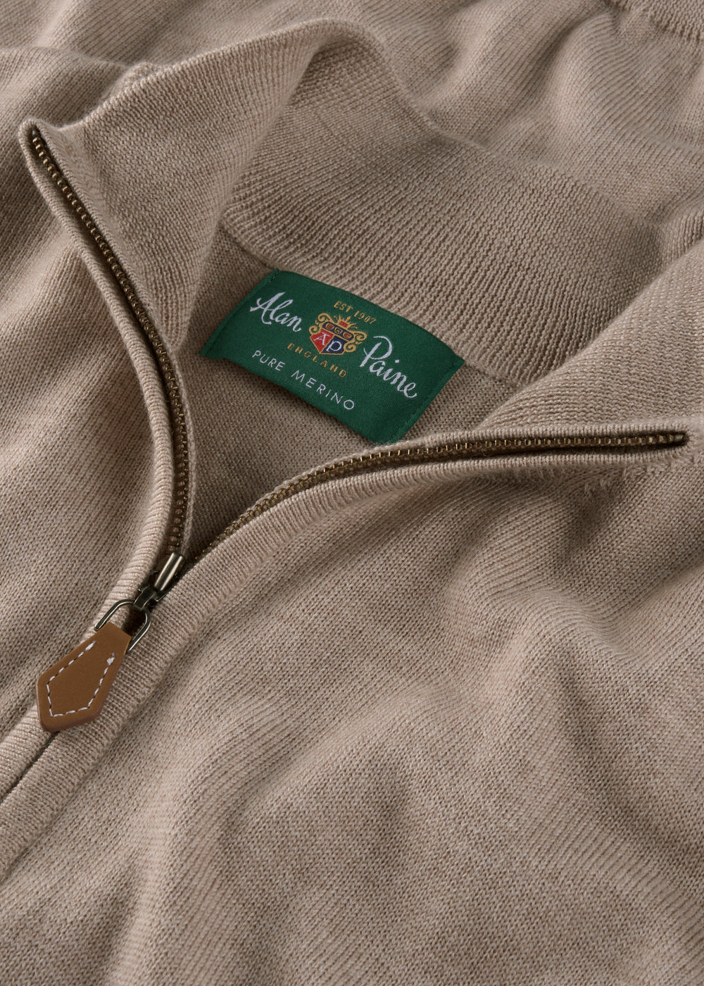 Mens merino wool jumper with quarter zip in beige