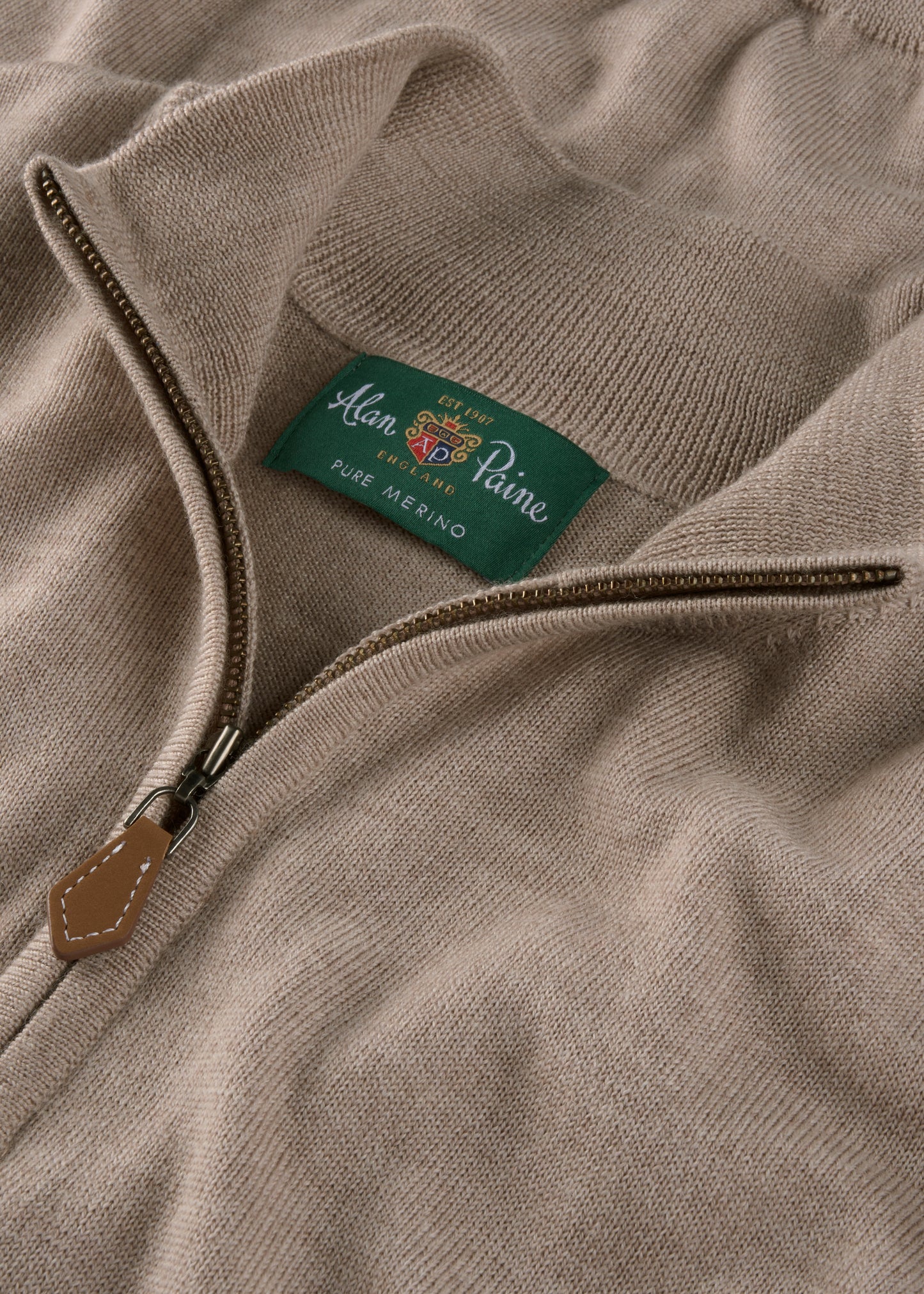 Mens merino wool jumper with quarter zip in beige