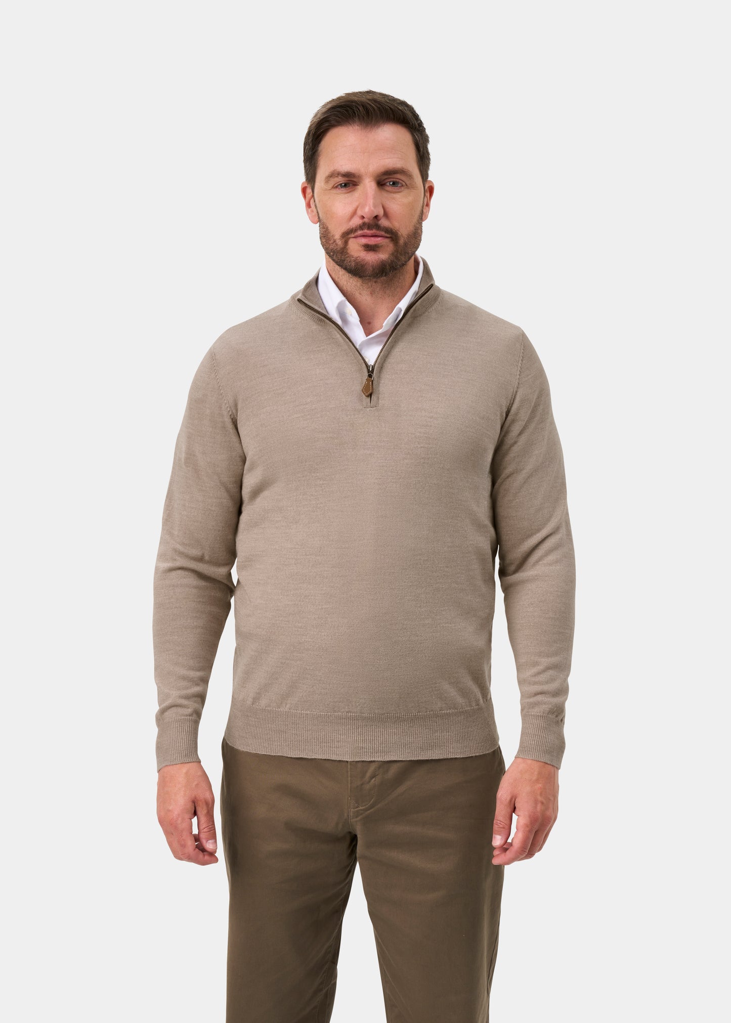 Barton Merino Wool 1/4 Zip Mock Jumper in Cobble - Regular Fit