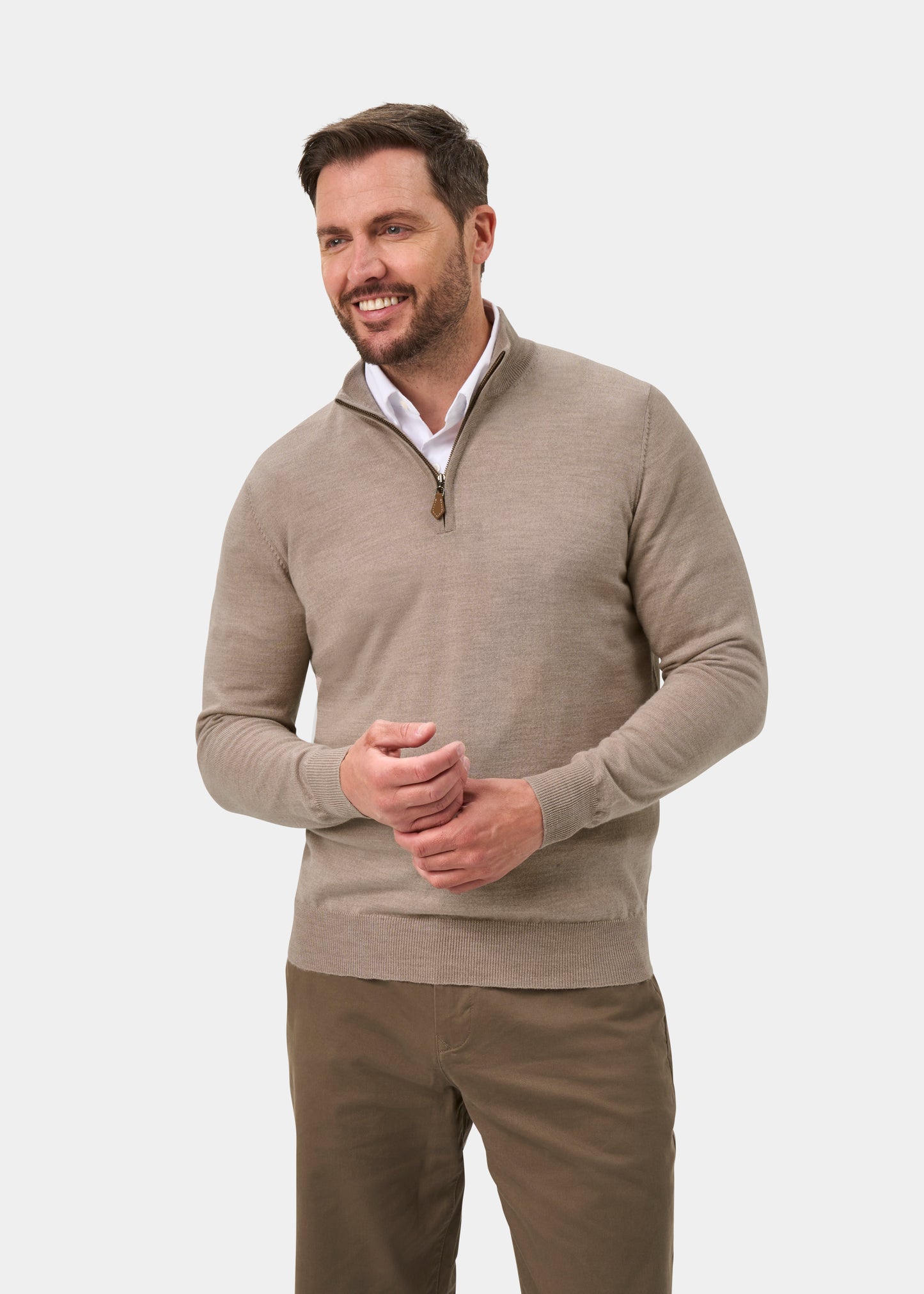 Barton Merino Wool 1/4 Zip Mock Jumper in Cobble - Regular Fit