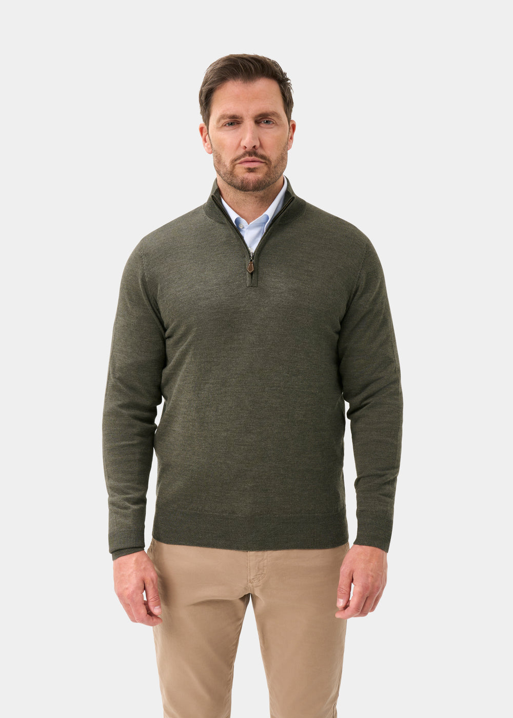 Men's Merino Wool Quarter Zip Neck Jumper in Seaweed