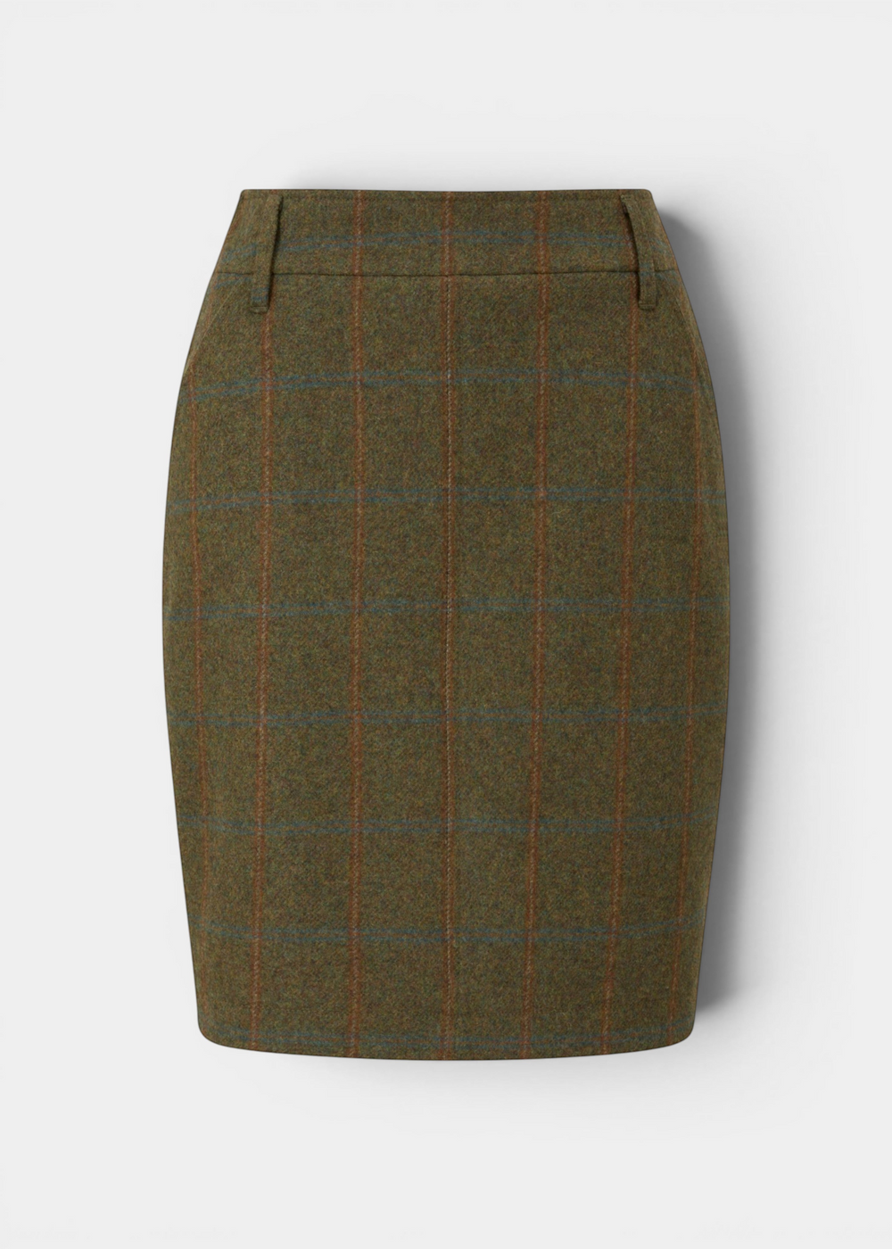 Alan Paine Combrook ladies willow green wool tweed skirt with a water repellent finish and subtle check pattern.