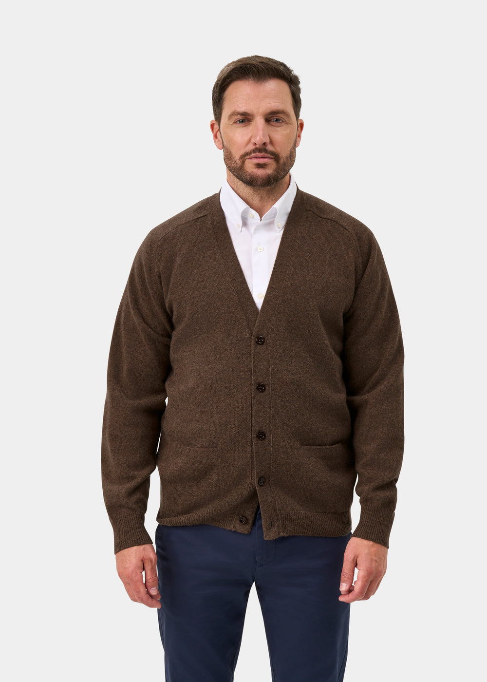 Cornwall Lambswool Cardigan in Tobacco  - Classic Fit