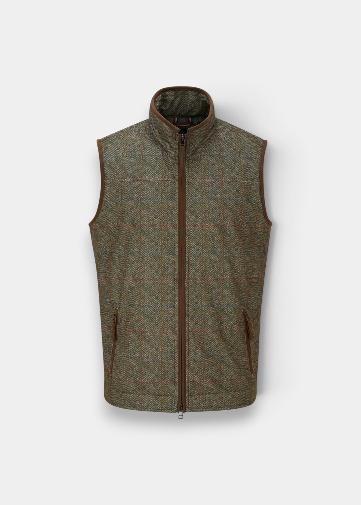 A sleeveless zip-front vest in a textured tweed fabric with a high stand collar, shown on a light gray background.