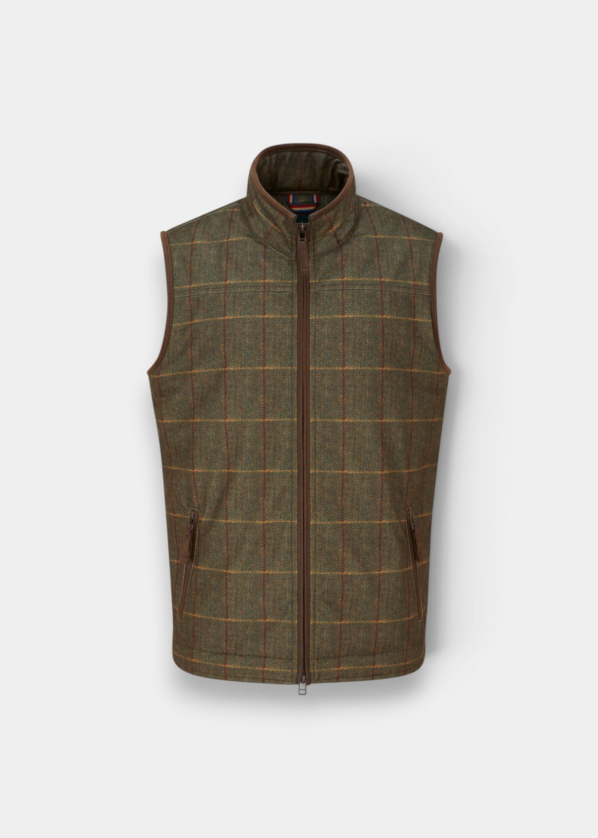 A sleeveless zip-front vest in a brown and olive tweed fabric with a subtle windowpane check pattern, shown against a light gray background.