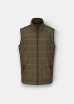 A sleeveless zip-front vest in a brown and olive tweed fabric with a subtle windowpane check pattern, shown against a light gray background.