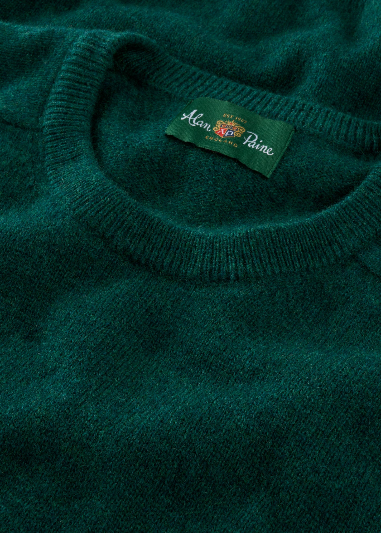Close-up of a green sweater with a brand label on the collar.
