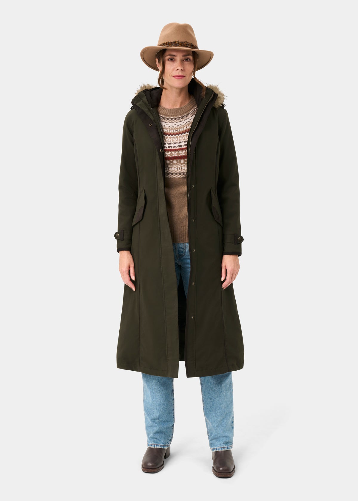Dunswell Ladies Waterproof Long Coat In Olive - Regular Fit