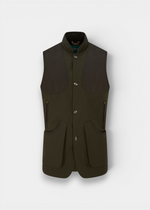 Alan Paine Dunswell men's olive water-repellent gilet with suede shoulder patches and spacious gusseted pockets.