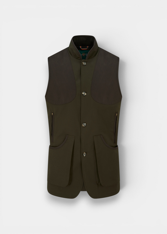 Alan Paine Dunswell men's olive water-repellent gilet with suede shoulder patches and spacious gusseted pockets.