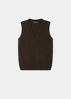A dark brown knit sweater vest with a V-neckline, displayed flat against a light gray background.