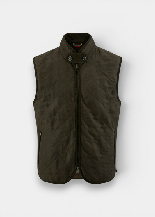 Alan Paine Felwell men's olive quilted gilet with a zip front, cord-lined collar, and detachable throat tab.
