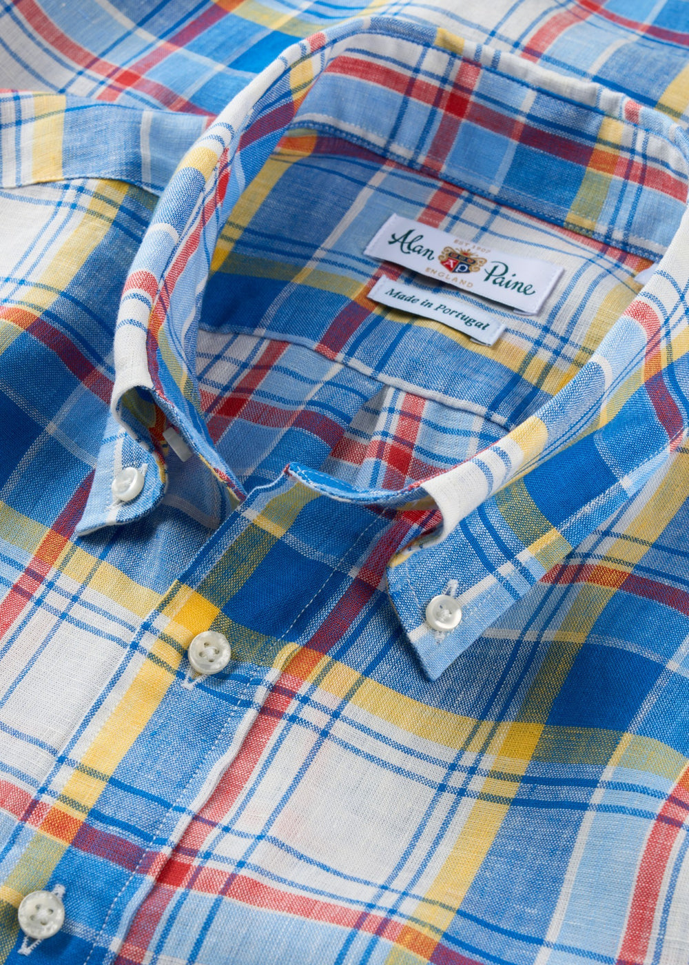Fleetwood Men's Blue and Yellow Check Linen Shirt - Classic Fit
