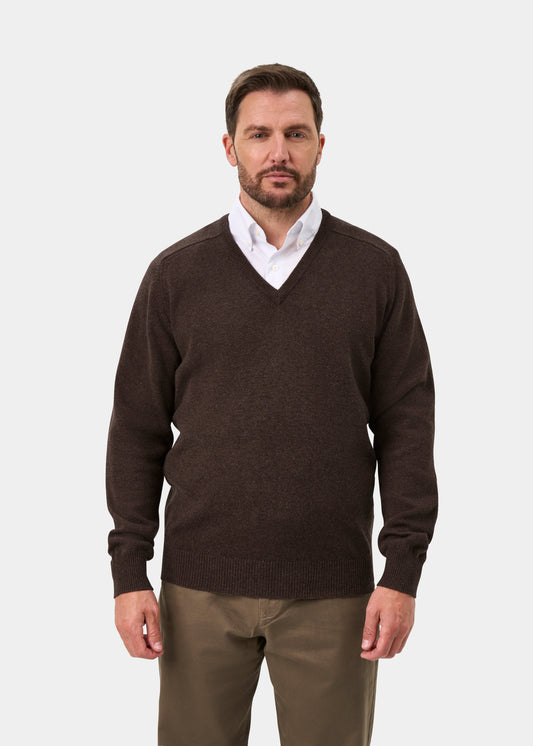 Hampshire Lambswool V-Neck Jumper In Mocha - Classic Fit