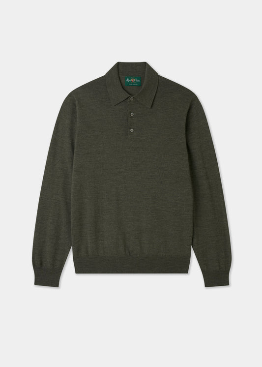 Men's Merino Wool Long Sleeve Polo Shirt in Seaweed