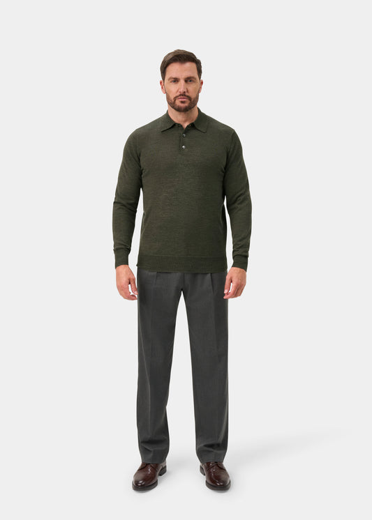 Hindhead Men's Merino Wool Polo Shirt in Seaweed - Regular Fit