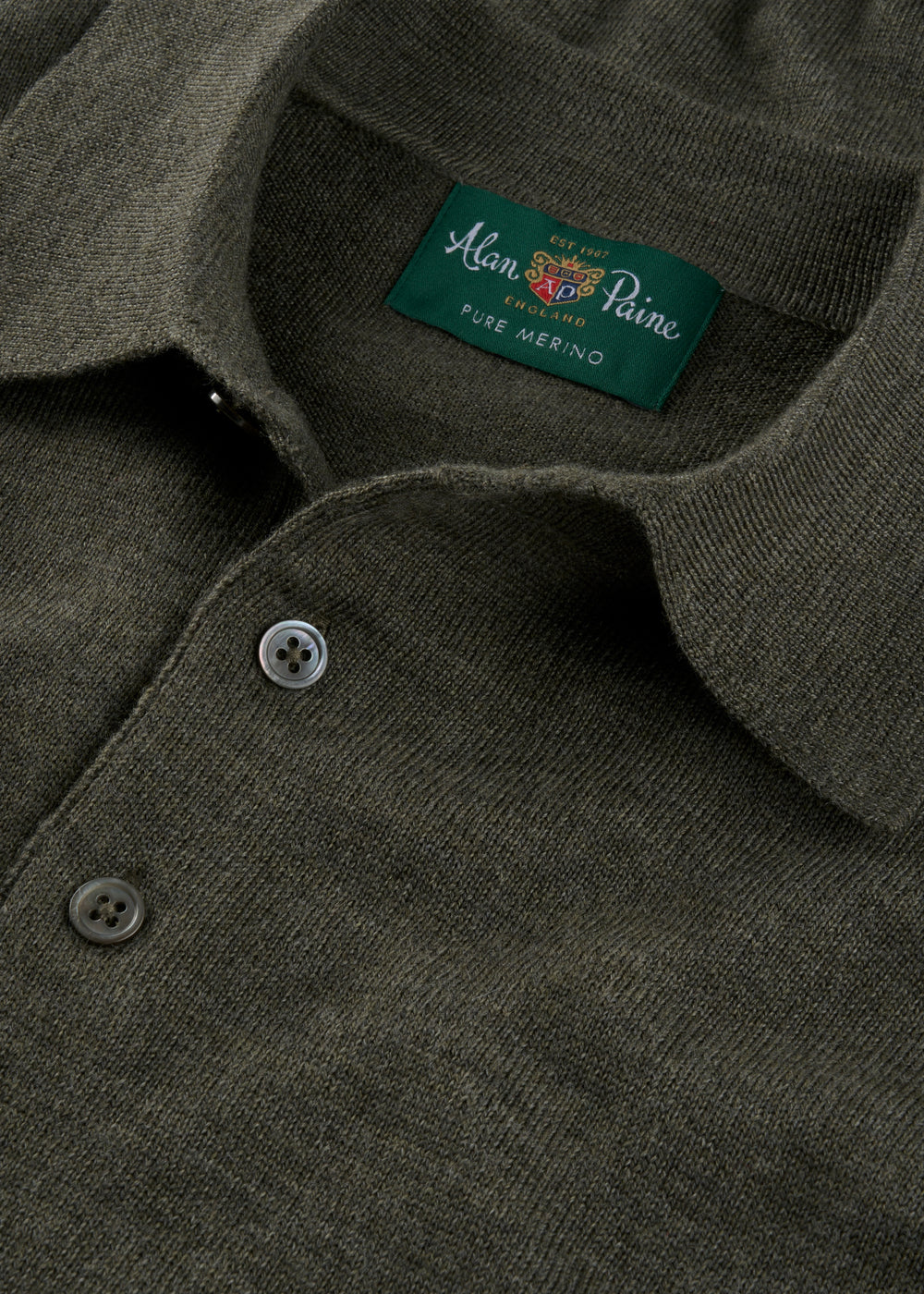 Men's Merino Wool Long Sleeve Polo Shirt in Seaweed
