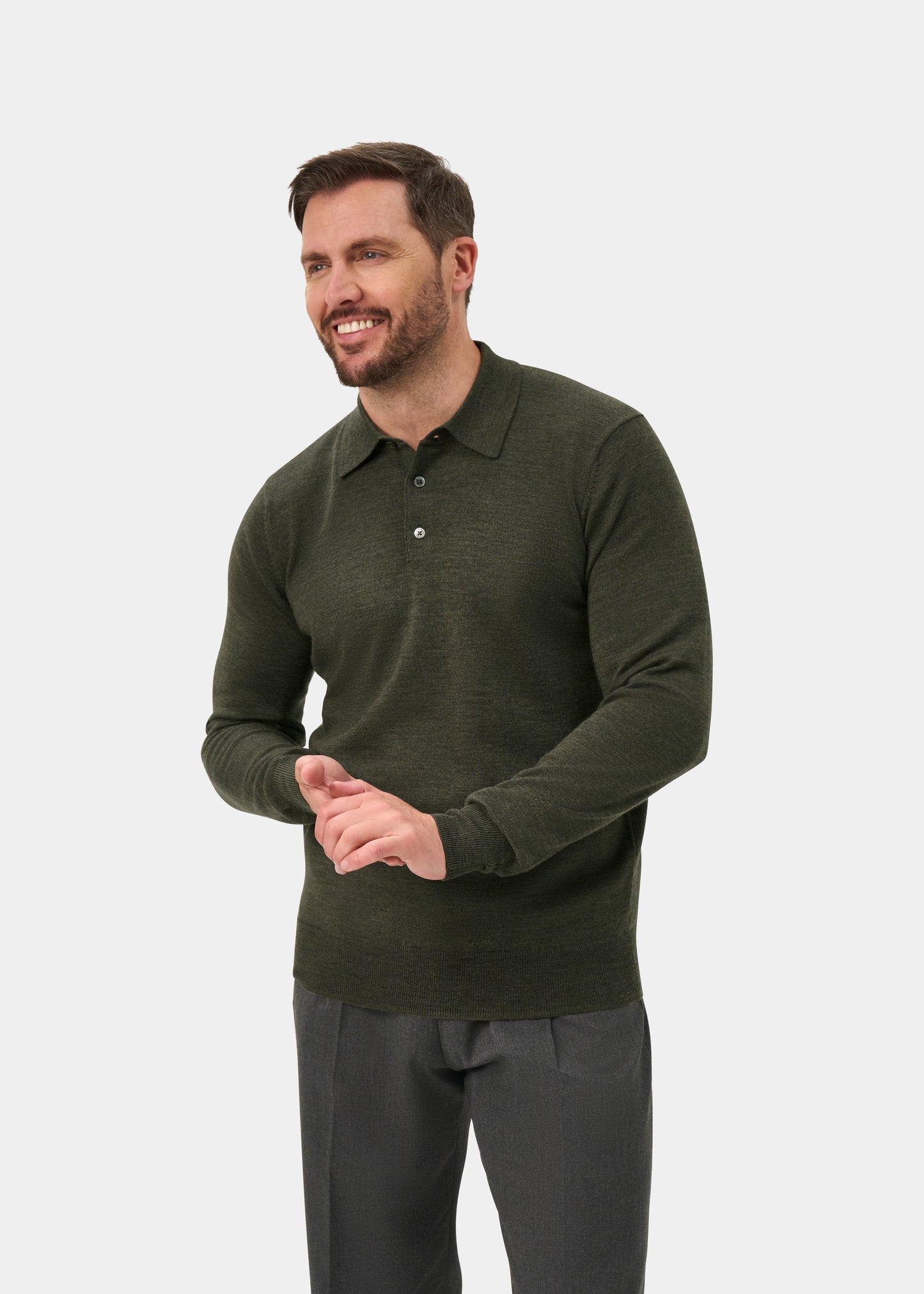 Hindhead Men's Merino Wool Polo Shirt in Seaweed - Regular Fit
