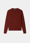 A dark reddish-brown crewneck sweater with long sleeves, laid flat against a light gray background.