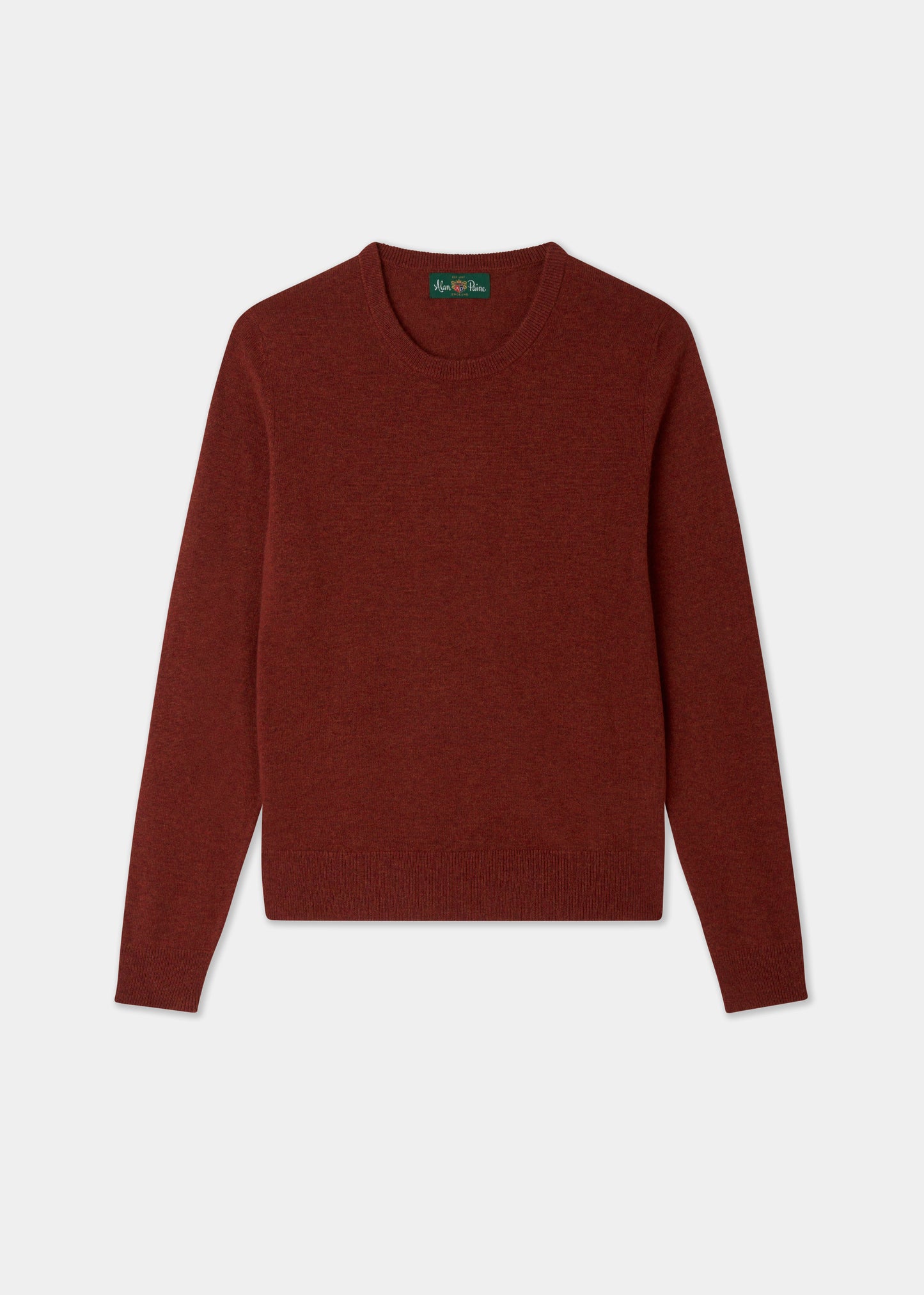 A dark reddish-brown crewneck sweater with long sleeves, laid flat against a light gray background.