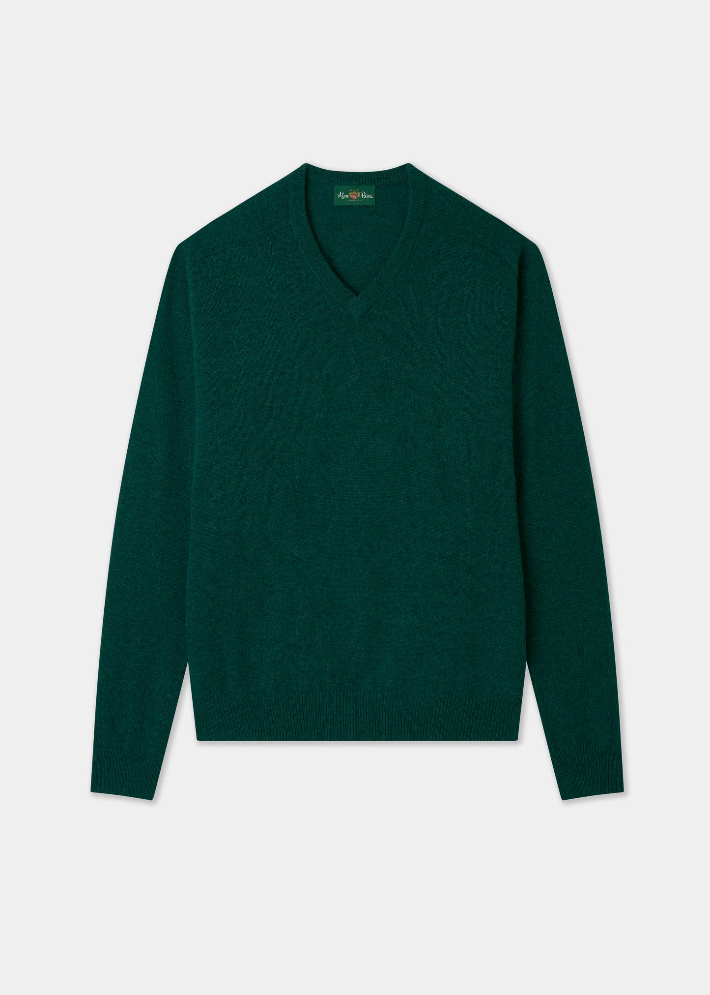 Dark green vee neck jumper on a white background