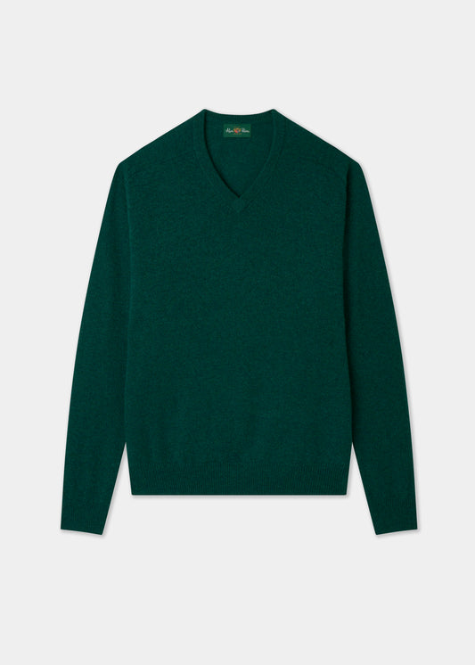 Dark green vee neck jumper on a white background