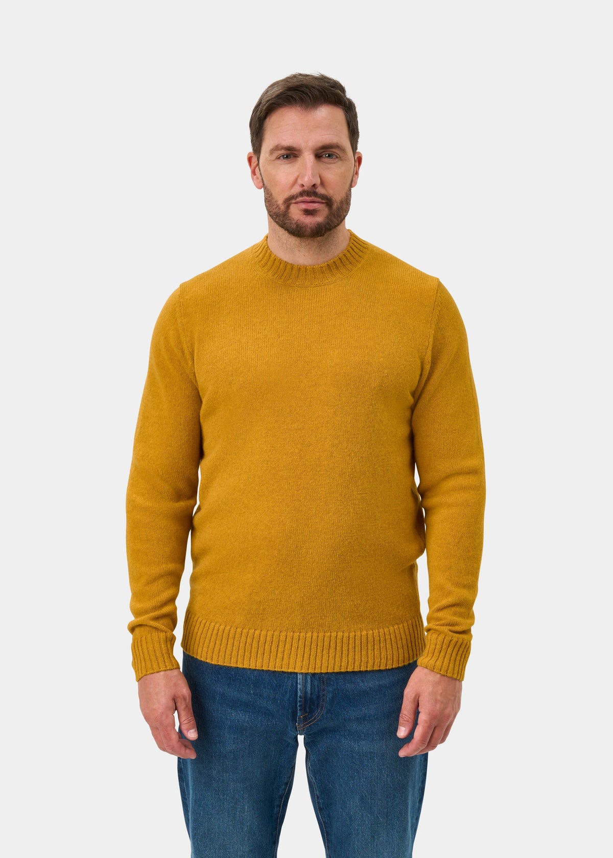 Man with short hair and beard in Kinnadie Supersoft Shetland Wool Crew Neck Jumper in Old Gold, blue jeans, white bg.