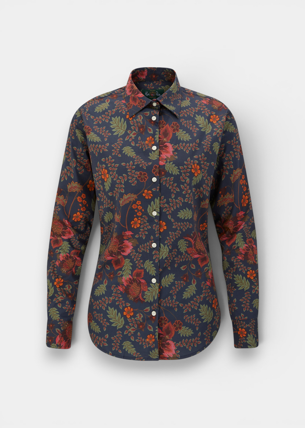 Alan Paine Lawen ladies navy cotton shirt featuring a vibrant floral print, long sleeves, and a flattering fit.