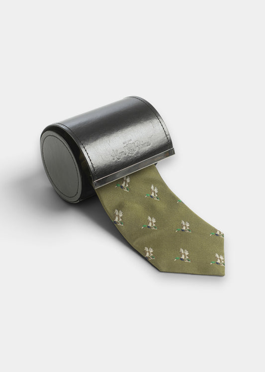 Ripon Silk Country Tie In Olive - Duck Design