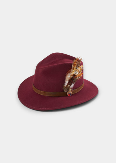 Wine 100% wool felt fedora hat with leather band and feather detail from COUNTRYCOLLECTION