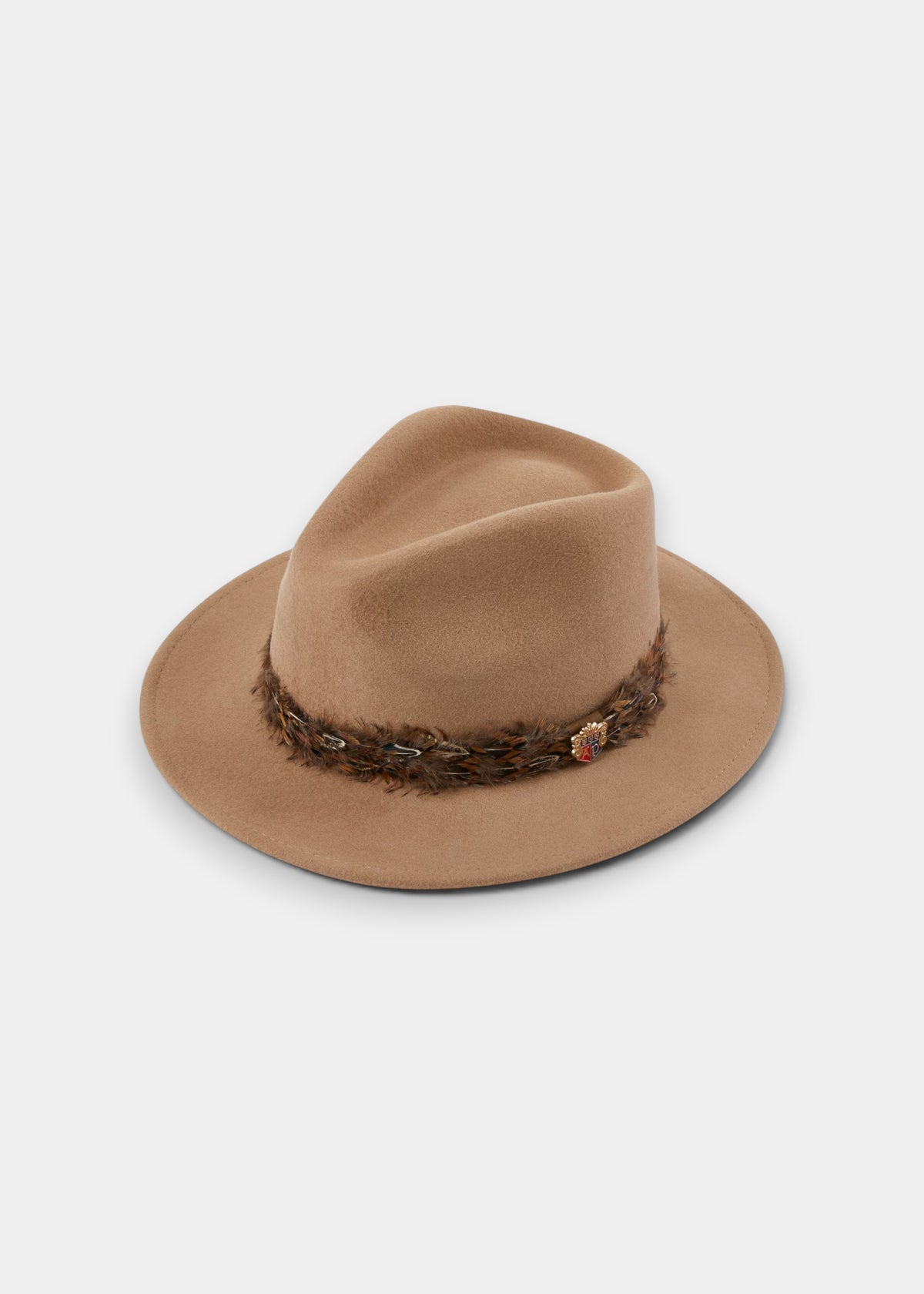Richmond Ladies Fedora In Mink: light brown wool felt fedora with a pheasant feather hatband and a small decorative emblem.