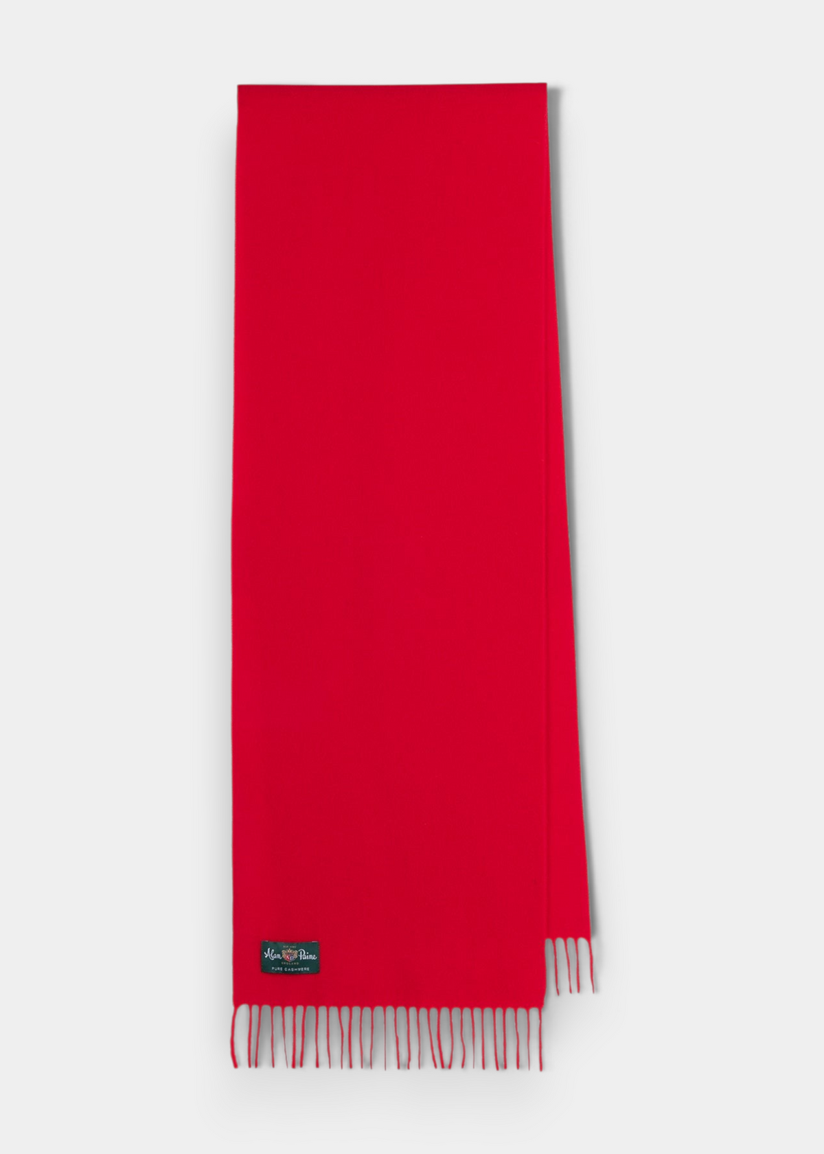 Risbury Men’s Cashmere Plain Scarf In Ruby, a solid red luxury cashmere scarf with fringe ends and a small rectangular label.